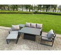 Fimous 6 Seater Aluminium Garden Furniture Set with Adjustable Rising Dining Table, 2 Chairs, Footstool, Side Table - Dark Grey