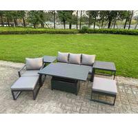 Fimous 6 Seater Aluminium Garden Furniture Set with Adjustable Rising Dining Table, 2 Side Tables - Dark Grey