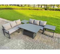 Fimous 6 Seater Aluminium Garden Furniture Set with Adjustable Rising Dining Table, 2 Sofas and 2 Side Tables - Dark Grey