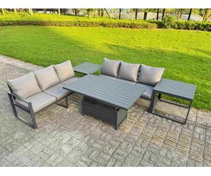 Fimous 6 Seater Aluminium Garden Furniture Set with Adjustable Rising Dining Table, 2 Sofas and 2 Side Tables - Dark Grey
