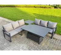 Fimous 6 Seater Aluminium Garden Furniture Set with Adjustable Rising Dining Table, 2 Sofas, Side Table - Dark Grey