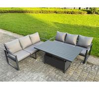 Fimous 6 Seater Aluminium Garden Furniture Set with Adjustable Rising Dining Table and 2 Sofas with Cushions - Dark Grey