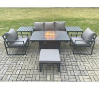 Aluminium Outdoor Garden Furniture Set Gas Fire Pit Dining Table Set Gas Heater Burner with 2 Arm Chair 2 Side Tables Big Footstool Fimous Dark Grey One Size