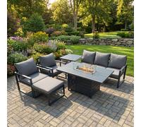Fimous Aluminium Outdoor Garden Furniture Set Gas Fire Pit Dining Table Set Gas Heater Burner with 2 Arm Chair Side Table Big Footstool in Dark Grey Fimous Dark Grey