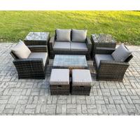 Fimous 6 Seater Dark Grey Outdoor Rattan Garden Furniture Set Patio Lounge Sofa Rectangular Coffee Table with 2 Side Table 2 Small Footstools