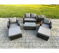 Fimous 6 Seater Dark Grey Outdoor Rattan Garden Furniture Set Patio Lounge Sofa Rectangular Coffee Table With 2 Big Footstool