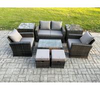 Fimous 6 Seater Dark Grey Outdoor Rattan Garden Furniture Set Patio Lounge Sofa Rectangular Coffee Table with 2 Side Table Fimous Dark Grey
