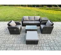 Fimous 6-Seater Dark Grey Rattan Outdoor Lounge Set | Reclining Chair, Rectangular Coffee Table, Large Footstool, Side Table