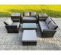 Fimous 6-Seater Dark Grey Rattan Outdoor Lounge Set | Rectangular Coffee Table, Sofa, 2 Side Tables, Large Footstool
