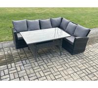Fimous 6 Seater Garden Rattan Furniture Corner Sofa Dining Table Set With Temper Glass And Cushions Indoor Outdoor Lounge Sofa Set