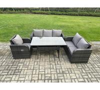 Fimous 6 Seater Garden Rattan Furniture Dining Table Sofa Set Indoor Outdoor with Reclining Chairs Dark Grey Mixed Fimous Dark Grey