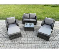Fimous 6 Seater High Back Garden Set, Square Coffee Table, 2 Big Footstools, Love Sofa, Reclining Chair, Indoor Outdoor Patio Lounge, Dark Grey Mixed