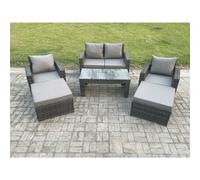 Fimous 6 Seater High Back Rattan Garden Furniture Sofa Sets With Rectangular Coffee Table Armchair 2 Big Footstool