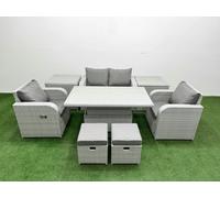 Fimous 6-Seater Light Grey PE Rattan Sofa Set | Outdoor/Indoor Reclining Chair, Adjustable Coffee/Dining Table, 2 Footstools, 2 Side Tables