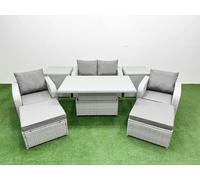 Fimous 6-Seater Light Grey PE Rattan Sofa Set | Outdoor/Indoor Reclining Chair, Adjustable Coffee/Dining Table, 2 Large Footstools, 2 Side Tables