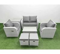Fimous 6-Seater Light Grey PE Rattan Sofa Set | Outdoor/Indoor Reclining Chair, Rectangular Coffee Table, 2 Footstools, Side Table