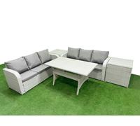 Fimous 6-Seater Light Grey Rattan Outdoor Dining Set | Rectangular Table, High Back Lounge Sofa, 2 Side Tables