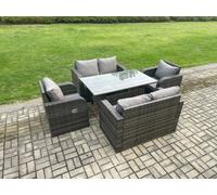 Fimous 6 Seater Lounge Rattan Sofa Set Outdoor Garden Furniture Oblong Rectangular Dining Table With Chairs Love Sofa Dark Grey Mixed