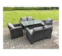 Fimous 6 Seater Outdoor Dark Grey Mixed High Back Rattan Sofa Dining Table Set Garden Furniture Arm Chairs Love Sofa