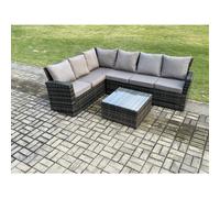 Fimous 6 Seater Outdoor Furniture Garden Dining Set Rattan Corner Sofa Set with Square Coffee Table Dark Grey Mixed