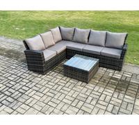 Fimous 6 Seater Outdoor Furniture Garden Dining Set Rattan Corner Sofa Set With Square Coffee Table Dark Grey Mixed