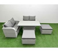 Fimous 6 Seater Outdoor Love Sofa Set Rattan Garden Furniture Set with Adjustable Lifting Dining or Coffee Table 2 Footstool Light Grey