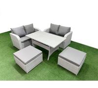 Fimous 6 Seater Outdoor Love Sofa Set Rattan Garden Furniture Set Rectangular Dining Table 2 Footstool Light Grey