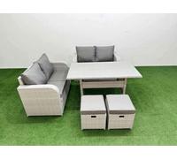 Fimous 6 Seater Outdoor Love Sofa Set Rattan Garden Furniture Set Rectangular Dining Table 2 Small Stools Light Grey