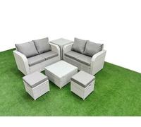 Fimous 6 Seater Outdoor Love Sofa Set Rattan Garden Furniture Set Square Coffee Table 2 Small Stools Side Table Light Grey