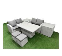 Fimous 6-Seater Light Grey Outdoor Rattan Love Sofa Set | Adjustable Coffee/Dining Table, 2 Footstools, 2 Side Tables