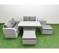 Fimous 6 Seater Outdoor Love Sofa Set Rattan Garden Furniture Set with Adjustable Lifting Dining or Coffee Table 2 Footstool 2 Side Tables Light Grey