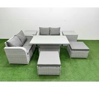 Fimous 6 Seater Outdoor Love Sofa Set Rattan Garden Furniture Set Adjustable Lifting Table 2 Footstool 2 Side Tables Light Grey