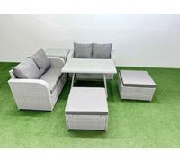 Fimous 6 Seater Outdoor Love Sofa Set Rattan Garden Furniture Set With Dining Table Side Table 2 Big Footstool Light Grey