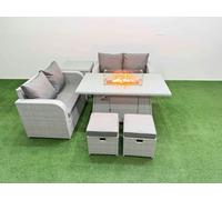 6 Seater Outdoor Love Sofa Set Rattan Garden Furniture Set with Firepit Dining Table 2 Small Stools Side Table Light Grey Fimous Light Grey One Size