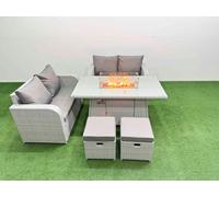 6 Seater Outdoor Love Sofa Set Rattan Garden Furniture Set with Firepit Dining Table 2 Small Stools Light Grey Fimous Light Grey One Size