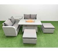 Fimous 6 Seater Outdoor Love Sofa Set Rattan Garden Furniture Set with Firepit Dining Table 2 Footstool Side Table Light Grey Fimous Light Grey