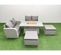 Fimous 6 Seater Outdoor Love Sofa Set Rattan Garden Furniture Set with Firepit Dining Table 2 Footstool Light Grey Fimous Light Grey