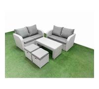 Fimous 6 Seater Outdoor Love Sofa Set Rattan Garden Furniture Set with Oblong Coffee Table 2 Small Stools Light Grey