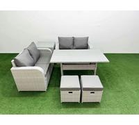 Fimous 6 Seater Outdoor Love Sofa Set Rattan Garden Furniture Set with Rectangular Dining Table 2 Small Stools Side Table Light Grey