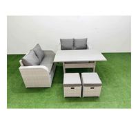 Fimous 6 Seater Outdoor Love Sofa Set Rattan Garden Furniture Set Rectangular Dining Table 2 Small Stools Light Grey