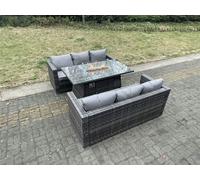 Fimous 6 Seater Outdoor PE Rattan Garden Furniture Gas Fire Pit Dining Table Set Lounge Sofa Three Seater Sofa Dark Grey Mixed Patio