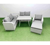 Fimous 6 Seater Outdoor Rattan Garden Furniture Set Love Sofa Reclining Chair Set with Rectangular Dining Table Side Table Big Footstool Light Grey Light Grey