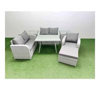 Fimous 6 Seater Outdoor Rattan Garden Furniture Set With Rectangular Dining Table 2 Side Tables Big Footstool Light Grey