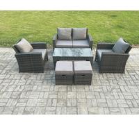 Fimous 6 Seater Outdoor Rattan Garden Furniture Set Patio Lounge Sofa Set with Coffee Table 2 Small Footstools Dark Grey Mixed Dark Grey