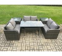 Fimous 6 Seater Outdoor Rattan Garden Furniture Set with Patio Love Sofa Rectangular Dining Table 2 Side Tables Dark Grey Mixed