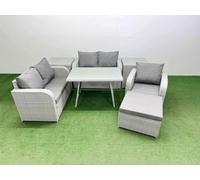 Fimous 6 Seater Outdoor Rattan Garden Furniture Set With Rectangular Dining Table 2 Side Tables Big Footstool Light Grey