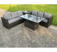 Fimous 6 Seater Outdoor Rattan Sofa Set Adjustable Rising Lifting Dining Table Side Tea Coffee Table Dark Grey Mixed