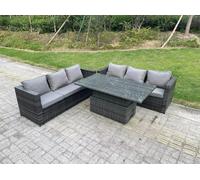 Fimous 6 Seater Outdoor Rattan Sofa Set Garden Furniture Adjustable Rising Lifting Dining Table Dark Grey Fimous Dark Grey
