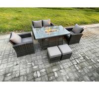 Fimous 6 Seater?Outdoor Rattan Sofa Set Garden Furniture Gas Fire Pit Dining Table Heater with 2 Small Footstools Dark Grey Mixed