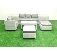 Fimous 6-Seater Outdoor Rattan Sofa Set | Grey Cushions, Coffee Table, 2 Side Tables, 2 Large Footstools | Conservatory/Patio